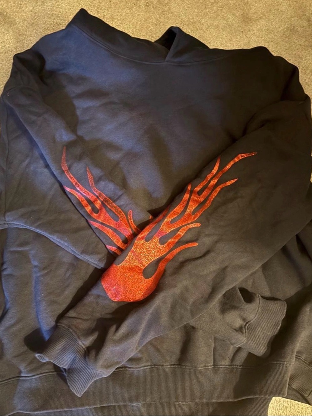 MNML Black Crewneck Sweatshirt with Red Flame Sleeve Graphic
